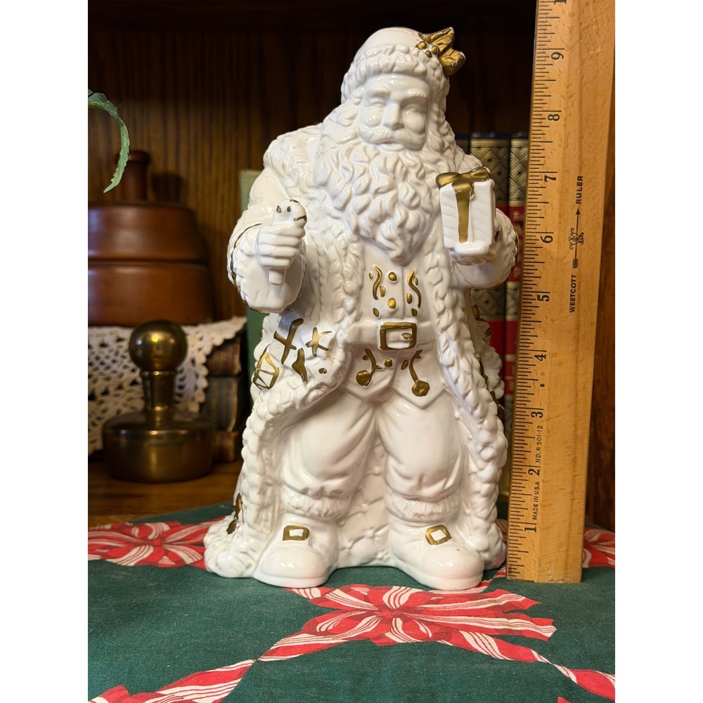 Vintage White and Gold Ceramic Santa Claus Figurine 8.5 Inch Holiday Decor
